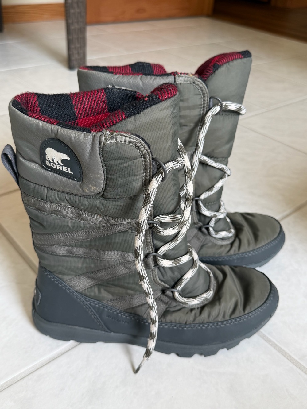 Sorel Women's Olive Quilted Winter Boot with Red Plaid Lining